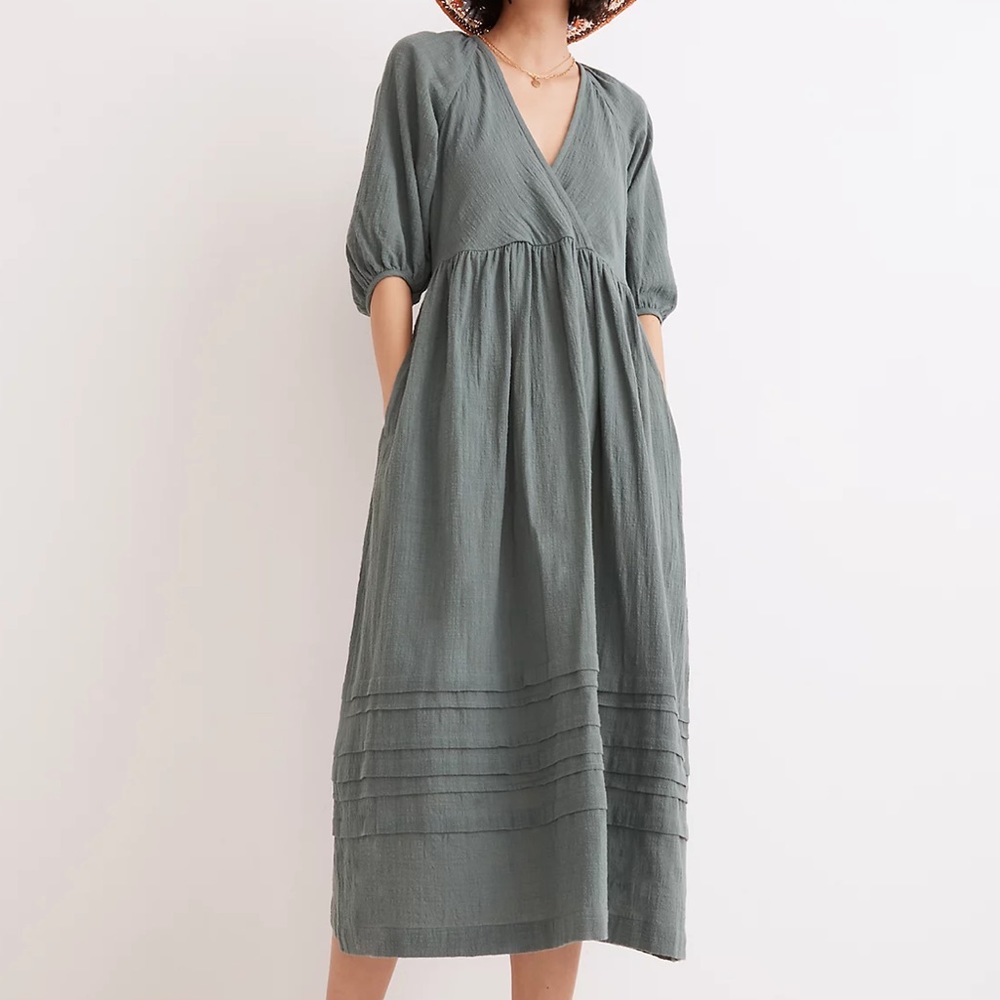 Madewell Marianna Puff Sleeve Faux Wrap Teal Cotton Midi Dress Womens sz L